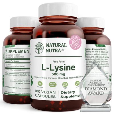 Natural Nutra L-Lysine HCl 500mg  Non-GMO, Vegan Amino Acid Supplement, Supports Immune Health & Collagen Production, 100 Capsules
