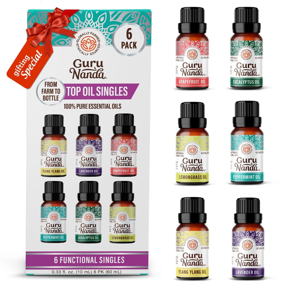 GuruNanda Essential Oils Set for Diffusers, 100% Pure, Aromatherapy, Massage, Candle & Soap Making Lavender, Peppermint, Eucalyptus, Grapefruit, Lemongrass, Ylang Ylang 0.33 Fl Oz (Pack of 6)