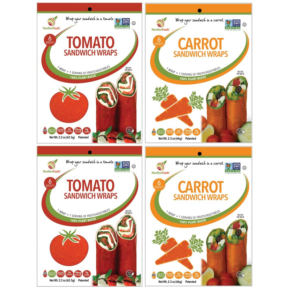 Carrot & Tomato Sandwich Wraps (Four-Pack)  Plant-Based, Vegan, Gluten-Free, Low-Carb Wrap Variety Pack  Non-GMO, Paleo Tortilla Alternative for Healthy, Creative Meals