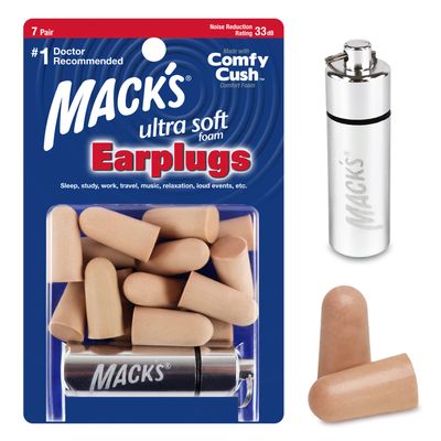 Macks Ultra Soft Foam Earplugs, 7 Pair + Case 33 dB Highest NRR, Comfortable Ear Plugs for Sleeping, Snoring, Travel, Concerts, Studying and Noise
