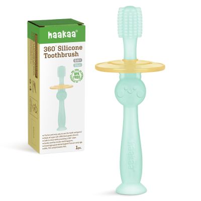 haakaa 360 Baby Toothbrush with Suction Base - Gentle Cleaning for Toddler's Self-Brushing Training, Food-Grade Silicone, Adjustable Safety Shield - Blue (1 Piece)