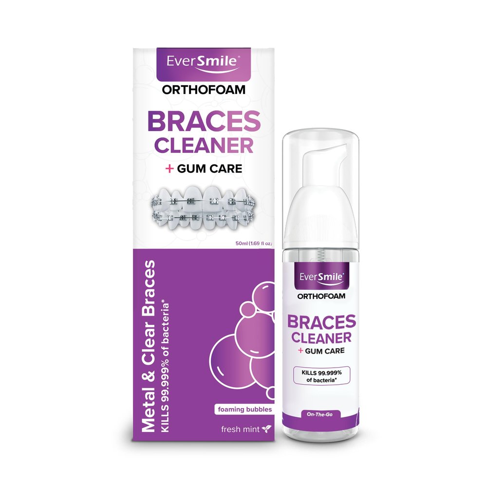 EverSmile OrthoFoam Braces Cleaner  Brushable Foam Whitens Teeth, Eliminates Bacteria, Fights Plaque and Bad Breath  Cleans Under Metal, Ceramic, Clear Brackets and Wires  50ml