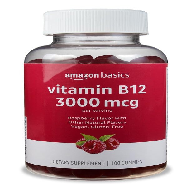 Amazon Basics Vitamin B12 3000 mcg, Normal Energy Production and Metabolism, Immune System Support, 100 Gummies (2 per serving), Pack of 2, Raspberry (Previously Solimo)
