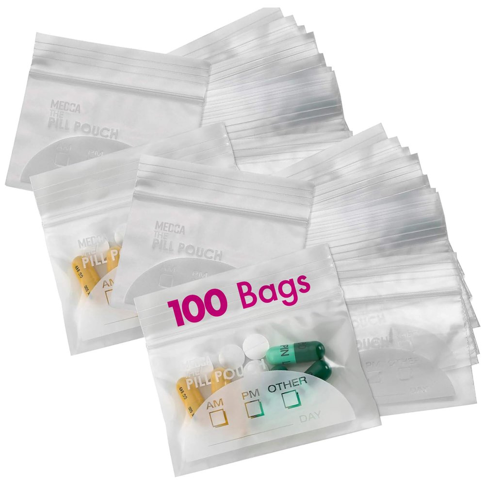 Pill Pouch Bags - (Pack of 100) 3" x 2.75" Pill Baggies and Disposable Plastic Travel Pill Bags with Write-on Labels