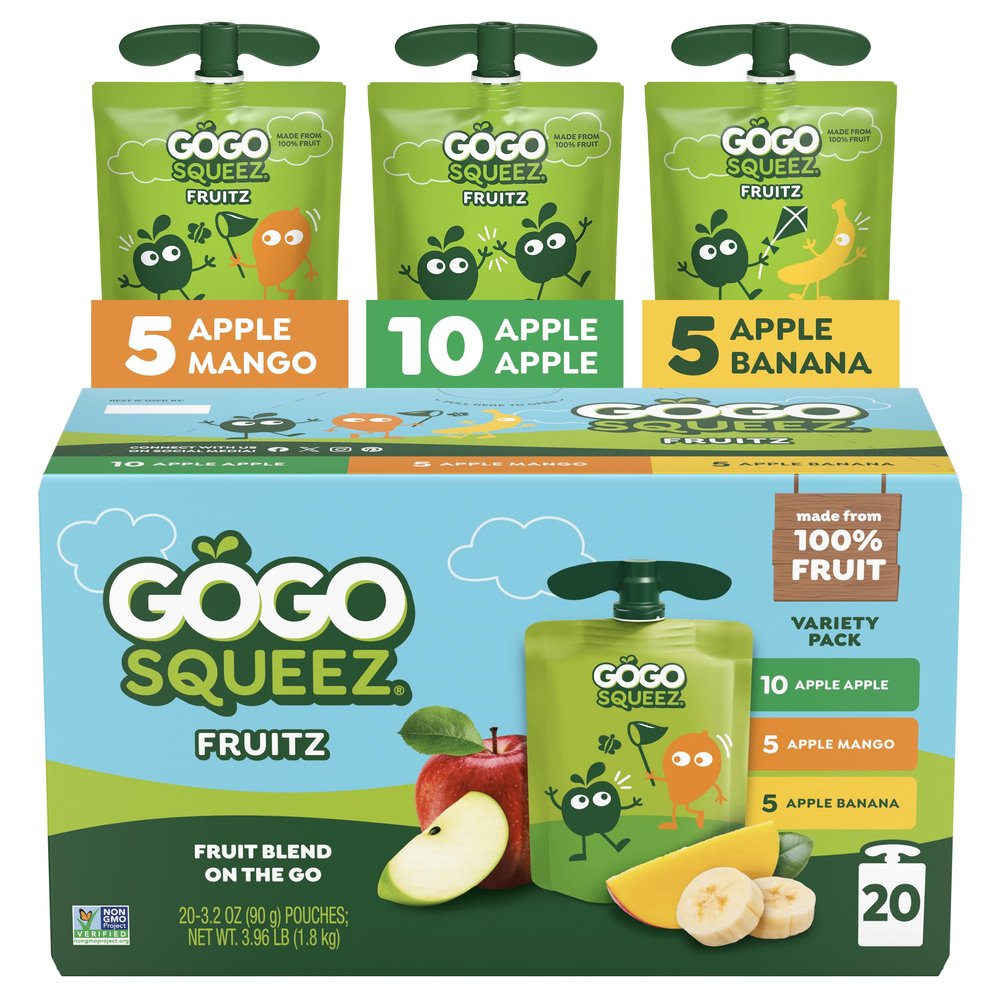 GoGo squeeZ Applesauce and Fruit Puree Variety Pack, Apple, Mango & Banana, 3.2 oz (Pack of 20), Unsweetened Fruit Snacks for Kids, Gluten Free, Nut Free, BPA Free Pouches (Packaging May Vary)