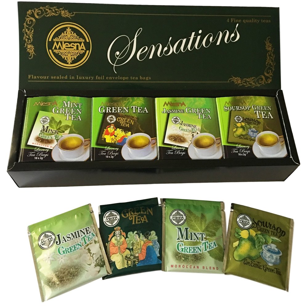 Mlesna Pure Ceylon Foil Envelope Green Tea Selection, Jasmine, Soursop, Mint and Green Tea - 40 Count