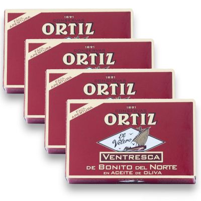 Ortiz Ventresca White Tuna Belly in Olive Oil, Tender Buttery Fillets with Exquisite Flavor, Superior Wild Caught Tuna Packed in Delicate Spanish Olive Oil, 3.88oz Can (Pack of 4)