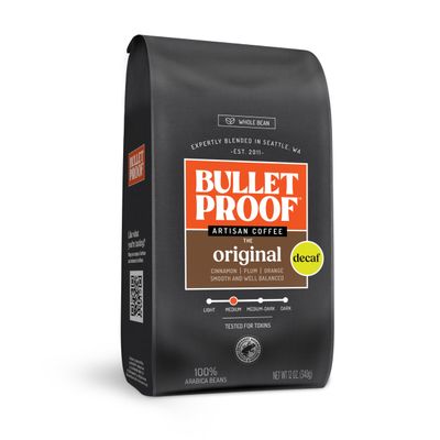 Bulletproof Original Medium Roast Whole Bean Decaf Coffee, 12 Ounces, Coffee Tested for Toxins, Packaging May Vary