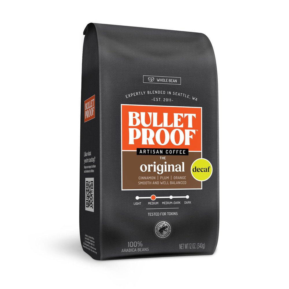 Bulletproof Original Medium Roast Whole Bean Decaf Coffee, 12 Ounces, Coffee Tested for Toxins, Packaging May Vary