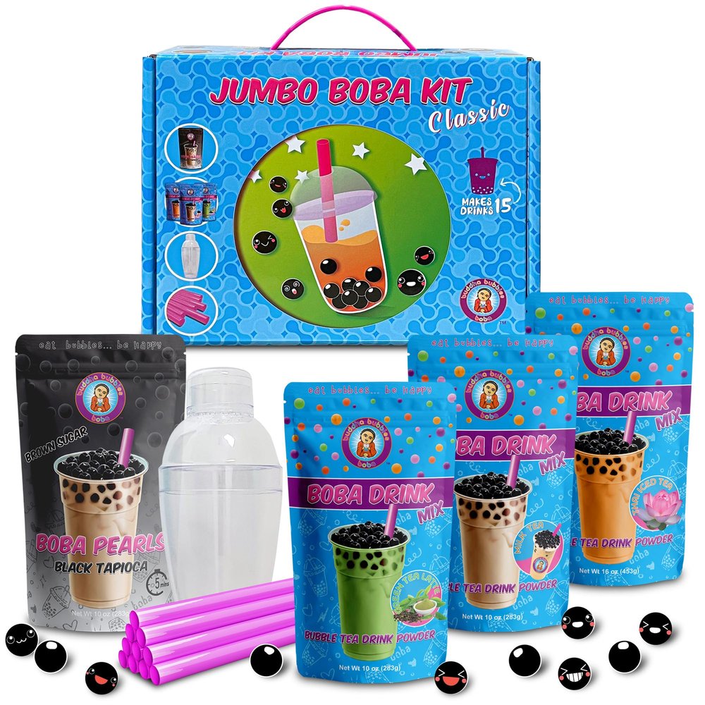 The NEW JUMBO D.I.Y. Boba/Bubbles Party Kit ~ CLASSIC FLAVORS ~ Traditional Milk Tea, Thai Tea, Matcha Green Latte by: Buddha Bubbles Boba