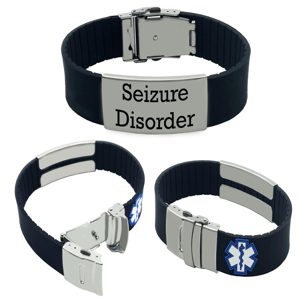 Seizure Disorder Sport Medical Alert ID Bracelet for Men and Women | Personalized Epilepsy ID Wristband | Waterproof Silicone with Engraved Emergency Info | Adjustable & Durable