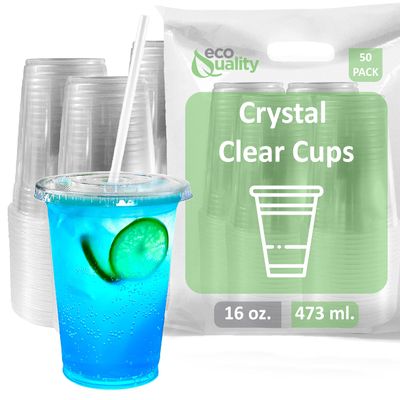Large Clear Plastic Disposable Cups with Lids & Straws 50 count - 16 oz (ounces) Clear PET Cup for Cold Smoothie, Iced Coffee, Boba, Bubble Tea, Protein Shakes, Cold Drinks (Cups + Flat Lids + Straws)