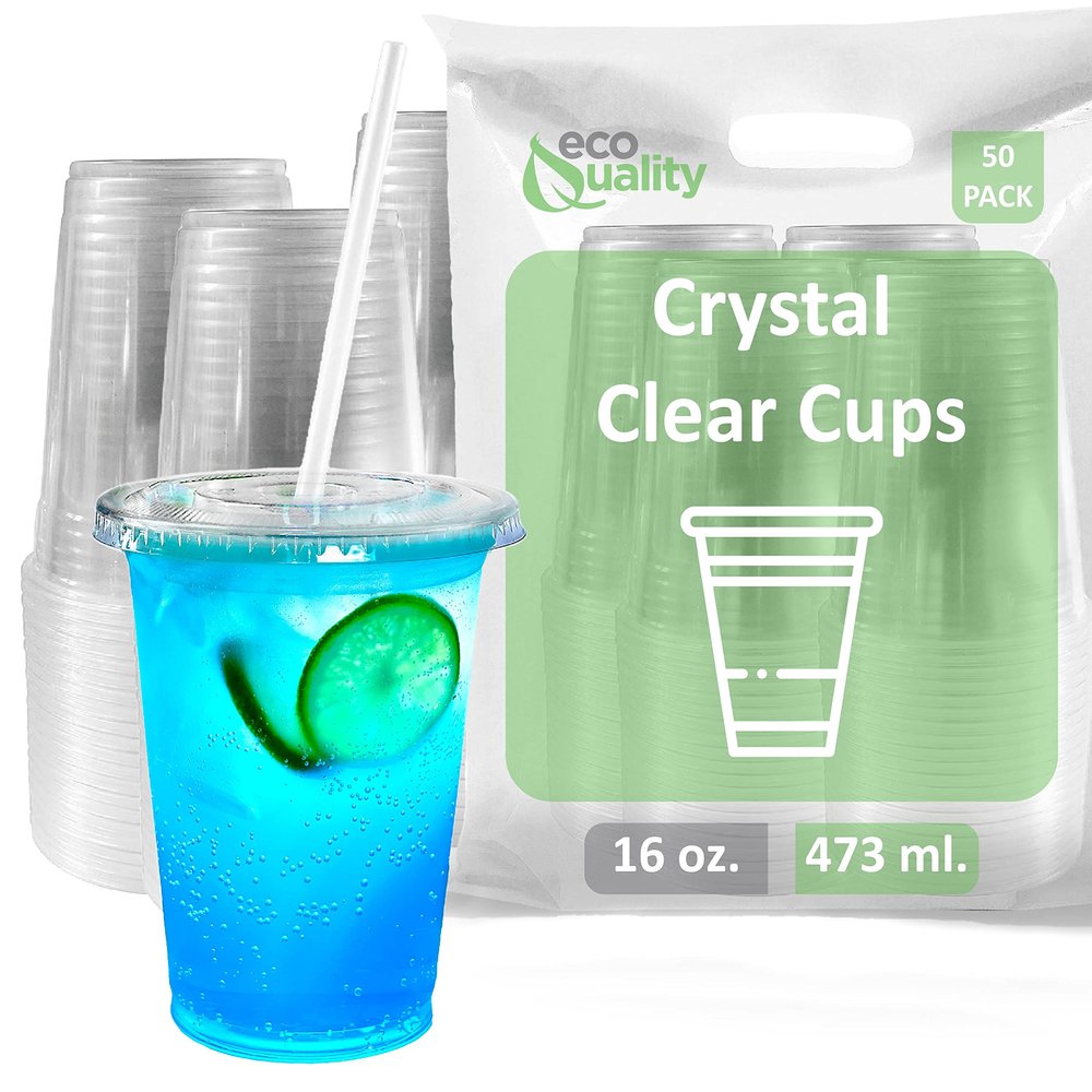 Large Clear Plastic Disposable Cups with Lids & Straws 50 count - 16 oz (ounces) Clear PET Cup for Cold Smoothie, Iced Coffee, Boba, Bubble Tea, Protein Shakes, Cold Drinks (Cups + Flat Lids + Straws)