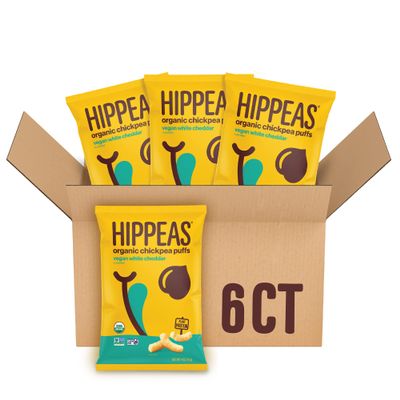 Hippeas Organic Chickpea Puffs, Vegan White Cheddar, 4 Ounce (Pack of 6), 4g Protein, 3g Fiber, Vegan, Gluten-Free, Crunchy, Plant Protein Snacks