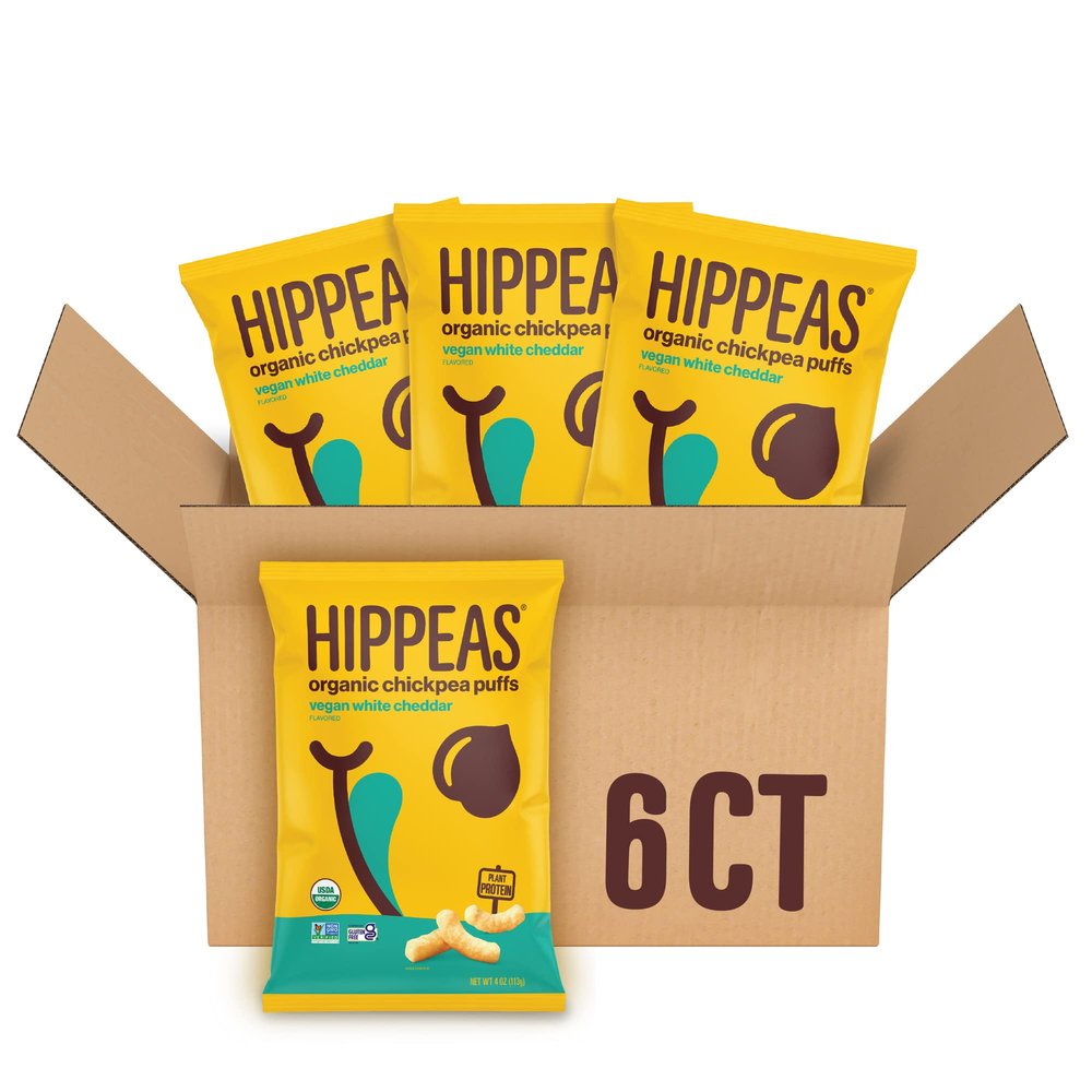 Hippeas Organic Chickpea Puffs, Vegan White Cheddar, 4 Ounce (Pack of 6), 4g Protein, 3g Fiber, Vegan, Gluten-Free, Crunchy, Plant Protein Snacks