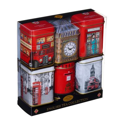 New English Teas Best of British Tea Collection - 6 Iconic London Tins Gift Set (Bus, Big Ben, Phone Box, Post Box) - 4.7oz Loose Leaf English Tea