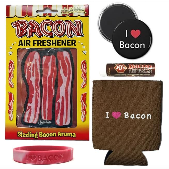 Bacon Bonanza Sampler Gift Pack (5pc Set) - Bacon Air Freshener, Lip Balm, I Love Bacon Magnet, Insulated Can Cooler & Silicone Wristband