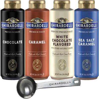 Ghirardelli Chocolate, Caramel, White Chocolate and Sea Salt Caramel Flavored Sauce 16 oz Bottles (Pack of 4) with Ghirardelli Stamped Barista Spoon