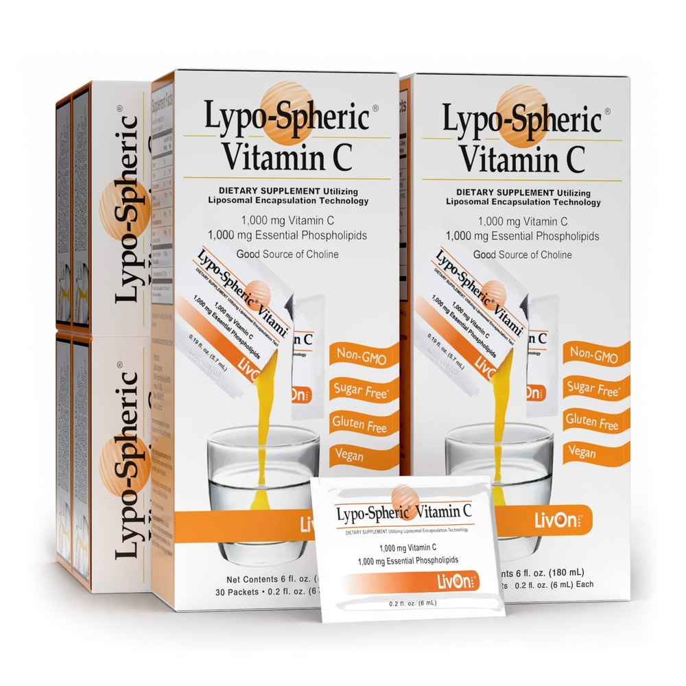 LivOn Laboratories LypoSpheric Vitamin C  6 Cartons (180 Packets)  1,000 mg Vitamin C & 1,000 mg Essential Phospholipids Per Packet  Liposome Encapsulated for Improved Absorption  100% NonGMO