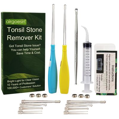 Airgoesin 6.75 inch Tonsil Stone Remover LED Tool Kit - 2 Sets, Oral Irrigation Syringe & Stainless Steel Pick, Tonsil Stone Removal Kit for Breath Freshening