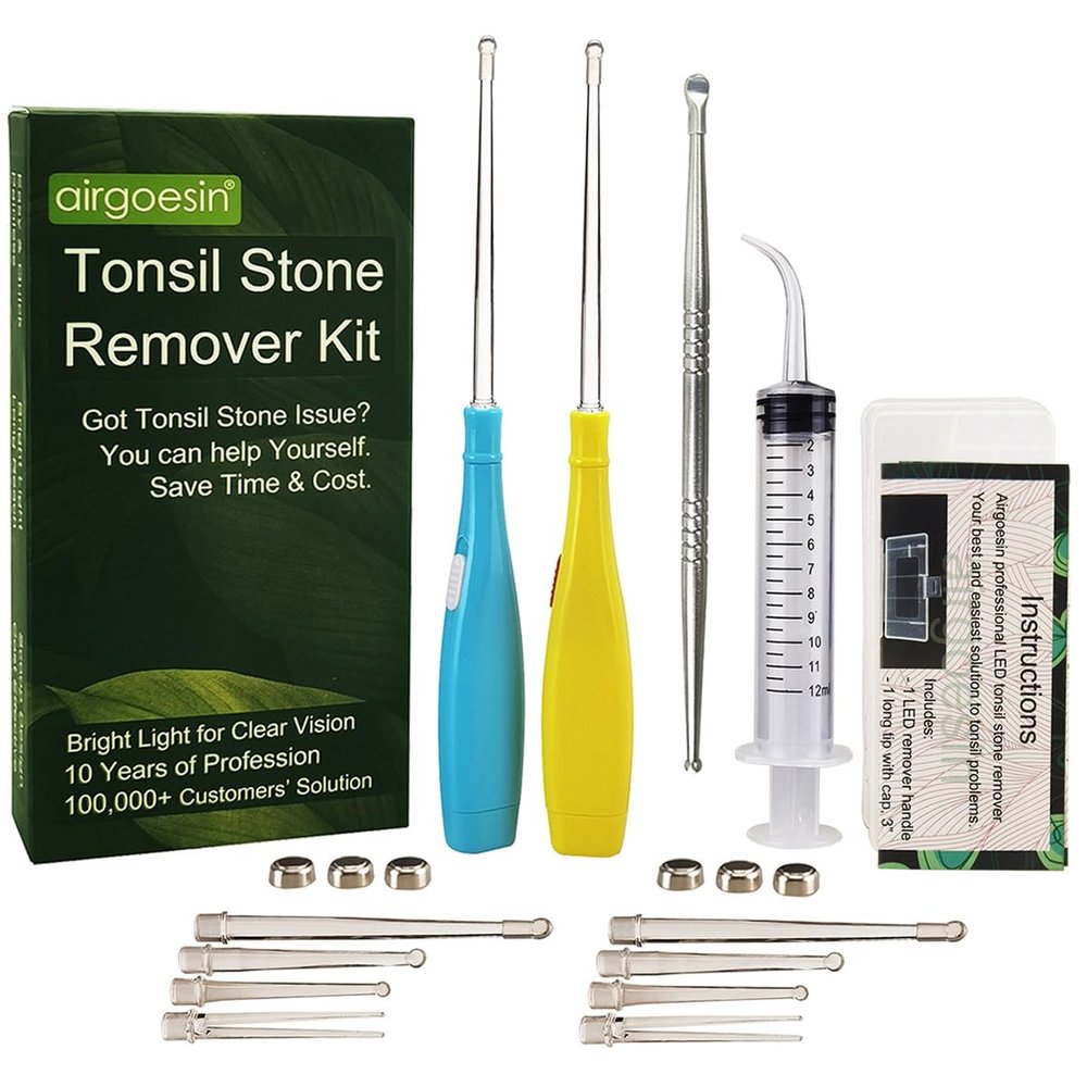Airgoesin 6.75 inch Tonsil Stone Remover LED Tool Kit - 2 Sets, Oral Irrigation Syringe & Stainless Steel Pick, Tonsil Stone Removal Kit for Breath Freshening