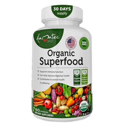 AAMATEC LIFE Organic Superfood Greens Fruits and Veggies Complex - Dietary Supplement with 14 Greens and 14 Fruits & Vegetables with Alfalfa Rich in Antioxidant Organic Ingredients Non-GMO, 60 Count