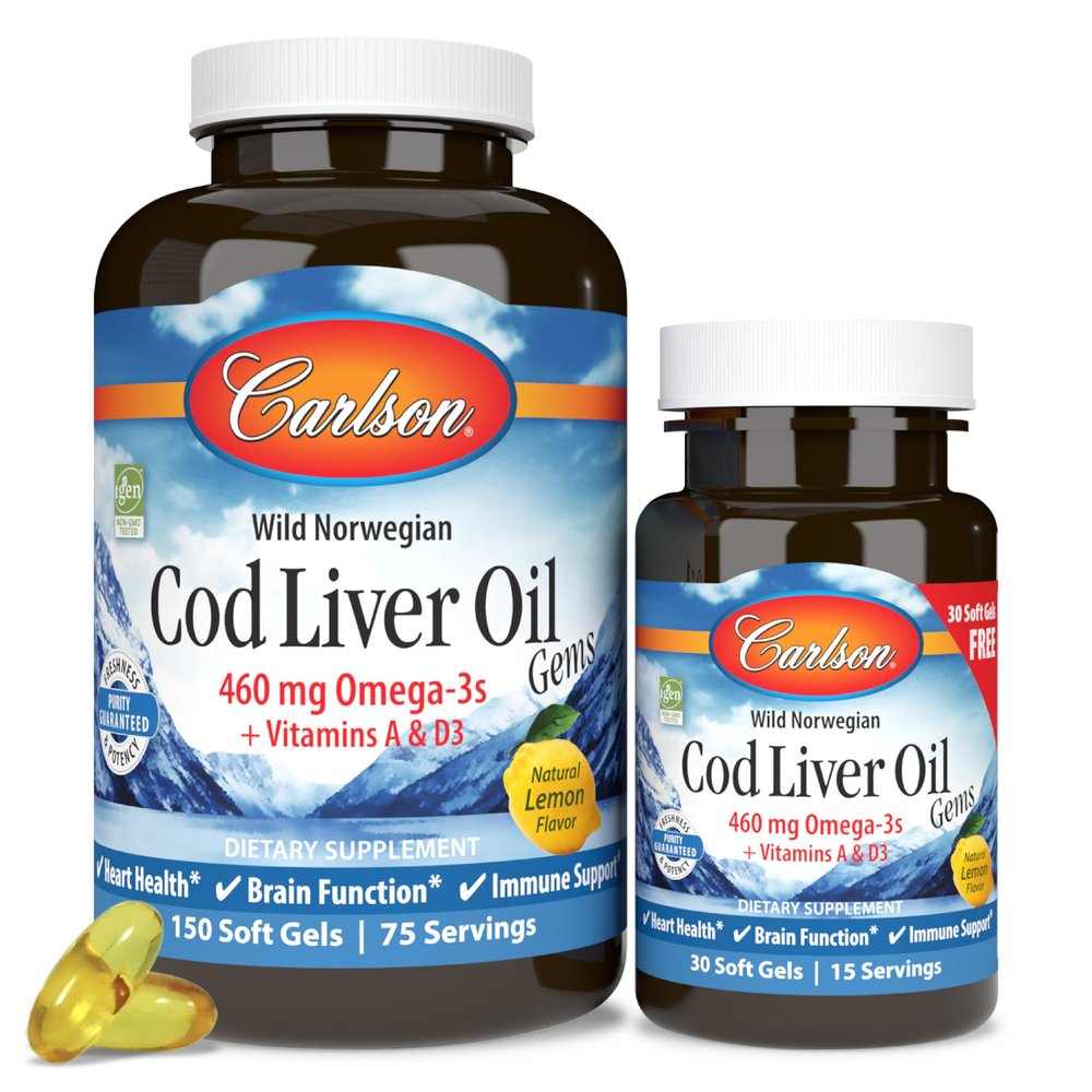 Carlson - Cod Liver Oil Gems, 460 mg Omega-3s + Vitamins A & D3, Wild-Caught Norwegian Arctic Cod Liver Oil, Sustainably Sourced Nordic Fish Oil Capsules, Lemon, 180 Softgels
