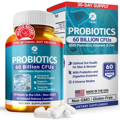 1 Body 60 Billion Probiotics for Men & Women, Gut Health for Men & Women with Prebiotics, Digestive Enzymes, Zinc & L-Glutamine, Supports Digestive Comfort, Non-GMO, 60 Vegan Probiotic Capsules