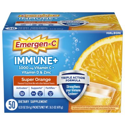 Emergen-C Immune+ Triple Action Immune Support Powder, BetaVia (R), 1000mg Vitamin C, B Vitamins, Vitamin D and Antioxidants, Super Orange, Back to School Essentials  50 Count