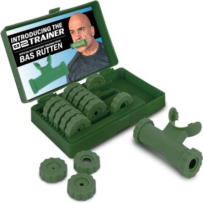 Bas Rutten O2Trainer: Breathing Muscle Training Device Lung Power & Endurance Tool for Athletes, Singers & High-Altitude Performance Diaphragmatic Respiratory Trainer 16 Resistance Caps Green
