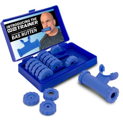 Bas Rutten O2Trainer: Breathing Muscle Training Device Lung Power & Endurance Tool for Athletes, Singers & High-Altitude Performance Diaphragmatic Respiratory Trainer 16 Resistance Caps Blue