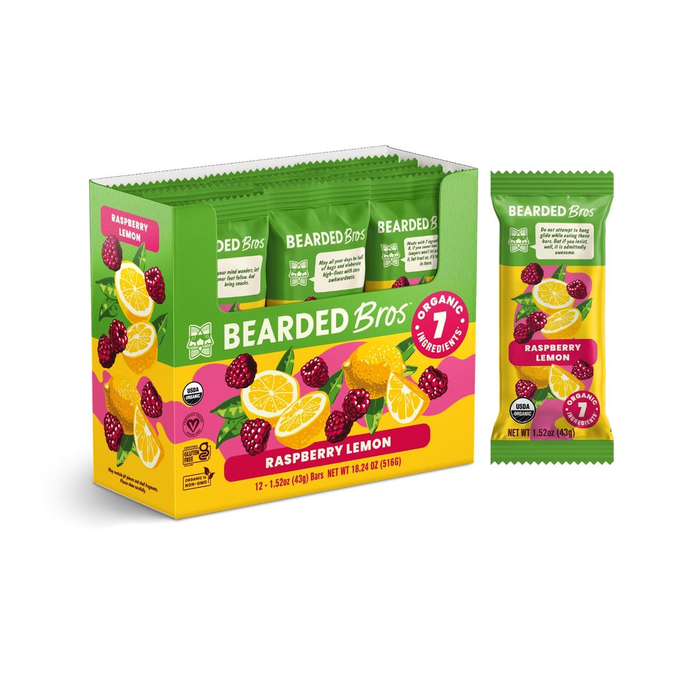 Bearded Brothers Vegan Organic Food Bar - Raspberry Lemon, 12 Pack, Gluten Free, Paleo, Non GMO, Soy Free, Low Glycemic, No Sugar Added, Packed with Protein, Fiber