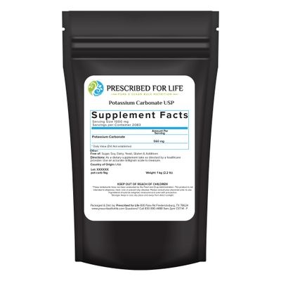 Prescribed for Life Potassium Carbonate Powder, Natural USP Food Grade Potash for Plants, Soap, Supplements, & More, Pure Bulk Potassium Powder (1kg)