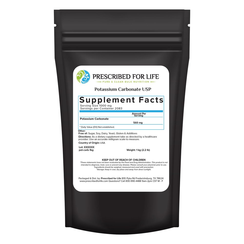 Prescribed for Life Potassium Carbonate Powder, Natural USP Food Grade Potash for Plants, Soap, Supplements, & More, Pure Bulk Potassium Powder (1kg)
