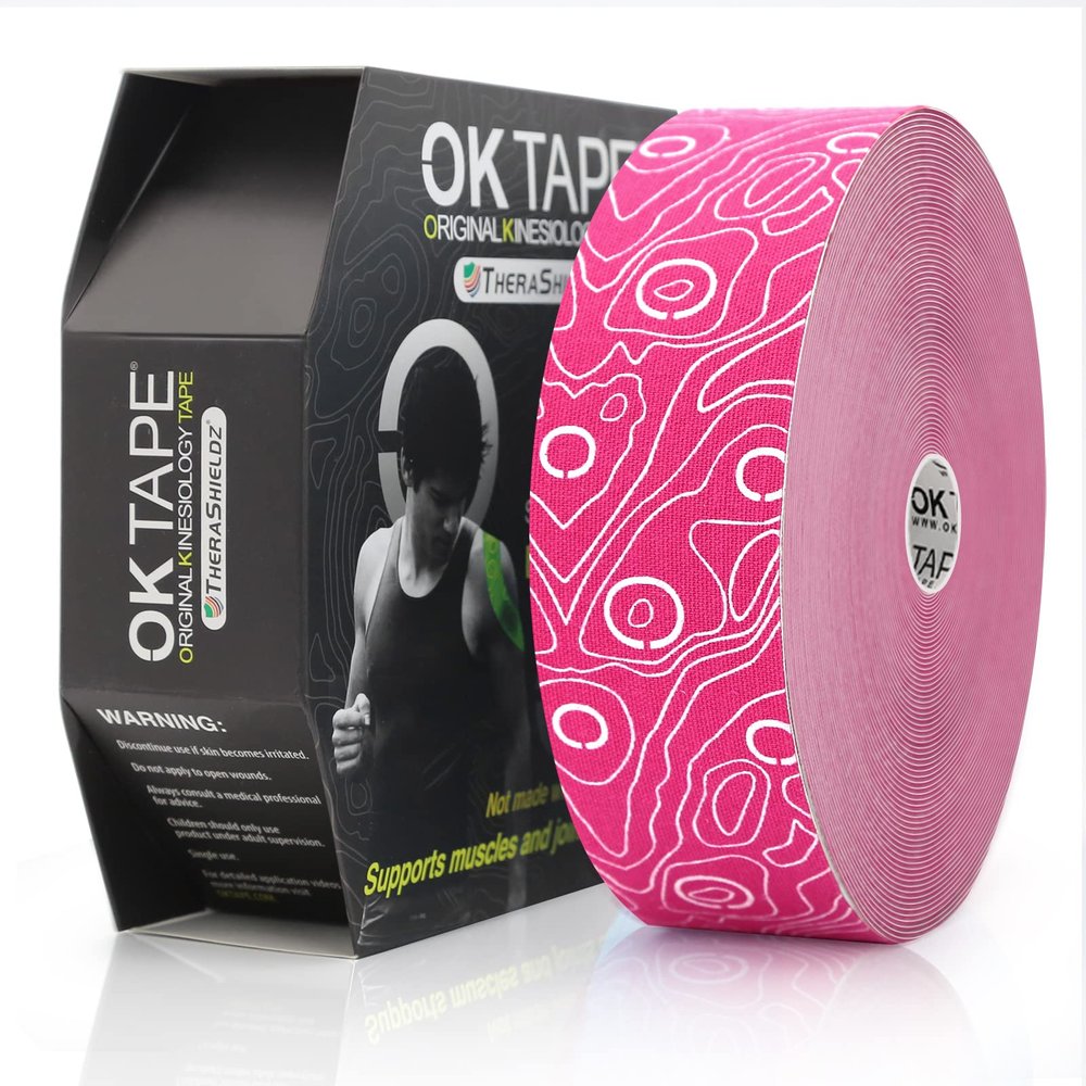 (2in X 103 Feet) OK TAPE PRO Bulk Kinesiology Tape, Original Elastic Latex Free Kinesiology Therapeutic Tape, Free Cut Printed, Pink+White
