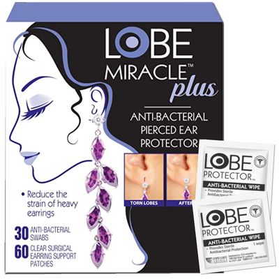 Lobe Miracle Plus Kit - Clear Earring Support Patches & Included Antiseptic Wipes - Earring Backs for Droopy Ears - Ear Care Products for Heavy Earring Support (60 Patches & 30 Swabs)