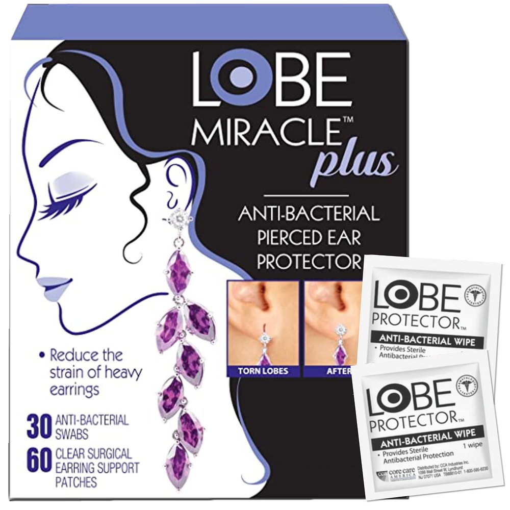 Lobe Miracle Plus Kit - Clear Earring Support Patches & Included Antiseptic Wipes - Earring Backs for Droopy Ears - Ear Care Products for Heavy Earring Support (60 Patches & 30 Swabs)