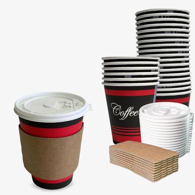 COMBO Set of 150-12oz - Paper Coffee Hot Cups, White Travel Lids, Sleeves & Stirrers - Disposable Coffee Cups, To Go Travel Mug, Office/Party Pack, Hot/Cold Coffee, Tea & Chocolate, Latte,Cappuccino