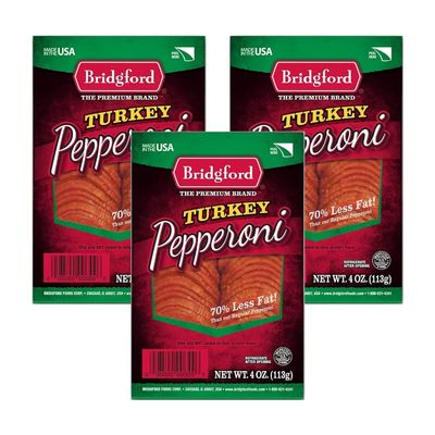 Bridgford Sliced Turkey Pepperoni 4 oz Pack of 3 - Pepperoni Slices for Pizza and Sandwiches - Protein-Rich Naturally Smoked Slices for Low-Carb Keto Diets and Healthy Snacking