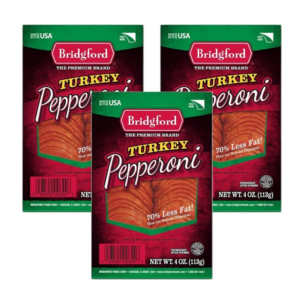 Bridgford Sliced Turkey Pepperoni 4 oz Pack of 3 - Pepperoni Slices for Pizza and Sandwiches - Protein-Rich Naturally Smoked Slices for Low-Carb Keto Diets and Healthy Snacking
