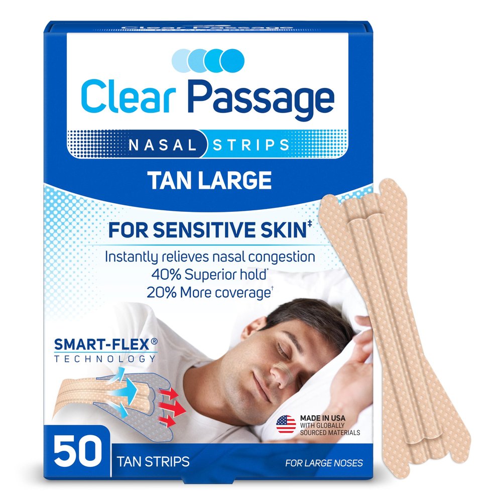 Clear Passage Nasal Strips Large, Tan, 50 ct | Works Instantly to Improve Sleep, Reduce Snoring, & Relieve Nasal Congestion Due to Colds & Allergies