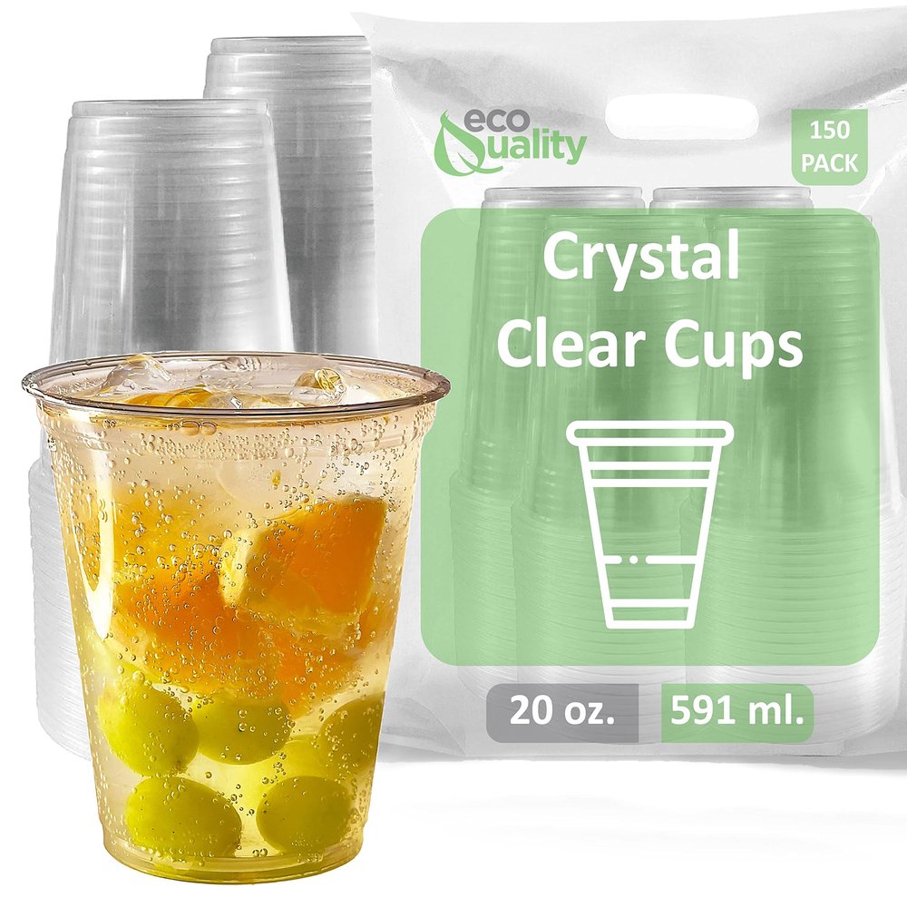 Clear Plastic Disposable Pet Cups | 20 oz Cups, 150 Pack | Crystal Clear PET Cup | Cold Smoothie | Iced Coffee Go Cups | Ideal for Coffee, Parfait, Juice, Soda, Cocktail, Party (20oz, 150 count)