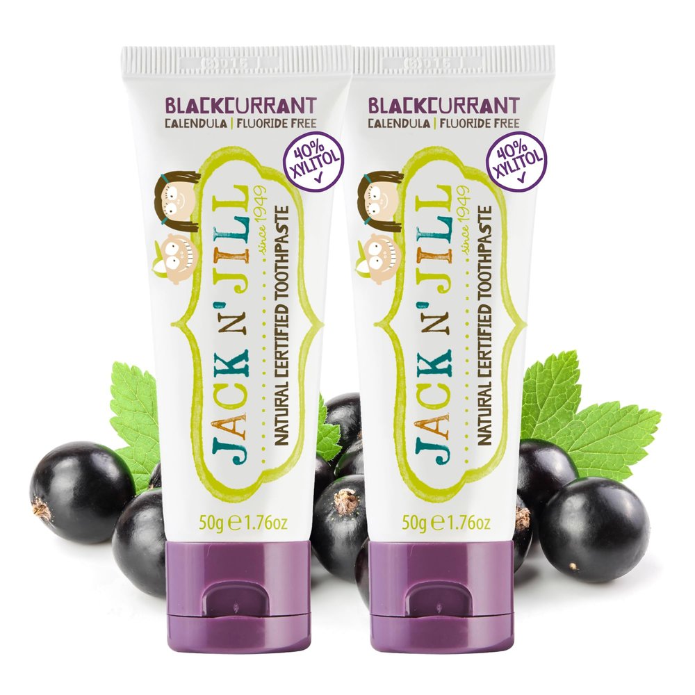 Jack N' Jill Natural Toddler Toothpaste - Fluoride Free Training Toothpaste for Toddlers 1-3, 40% Xylitol, BPA Free - Blackcurrant, 1.76 oz (2 Pack)