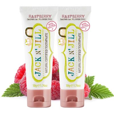 Jack N' Jill Natural Toothpaste for Baby and Infants - Fluoride Free Training Toothpaste, 40% Xylitol, BPA Free - Raspberry, 1.76 oz (Pack of 2)