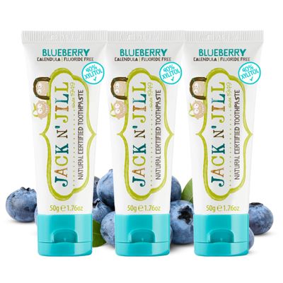 Jack N' Jill Natural Toddler Toothpaste - Fluoride Free Training Toothpaste for Toddlers 1-3, 40% Xylitol, BPA Free - Blueberry 1.76 oz (Pack of 3)