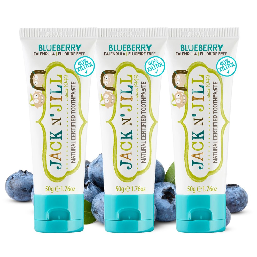 Jack N' Jill Natural Toddler Toothpaste - Fluoride Free Training Toothpaste for Toddlers 1-3, 40% Xylitol, BPA Free - Blueberry 1.76 oz (Pack of 3)
