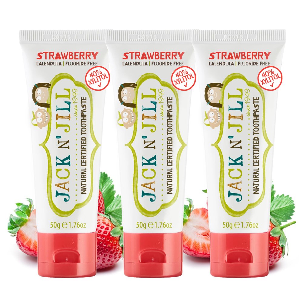 Jack N' Jill Natural Toddler Toothpaste - Fluoride Free Training Toothpaste for Toddlers 1-3, 40% Xylitol, BPA Free - Strawberry, 1.76 oz (Pack of 3)