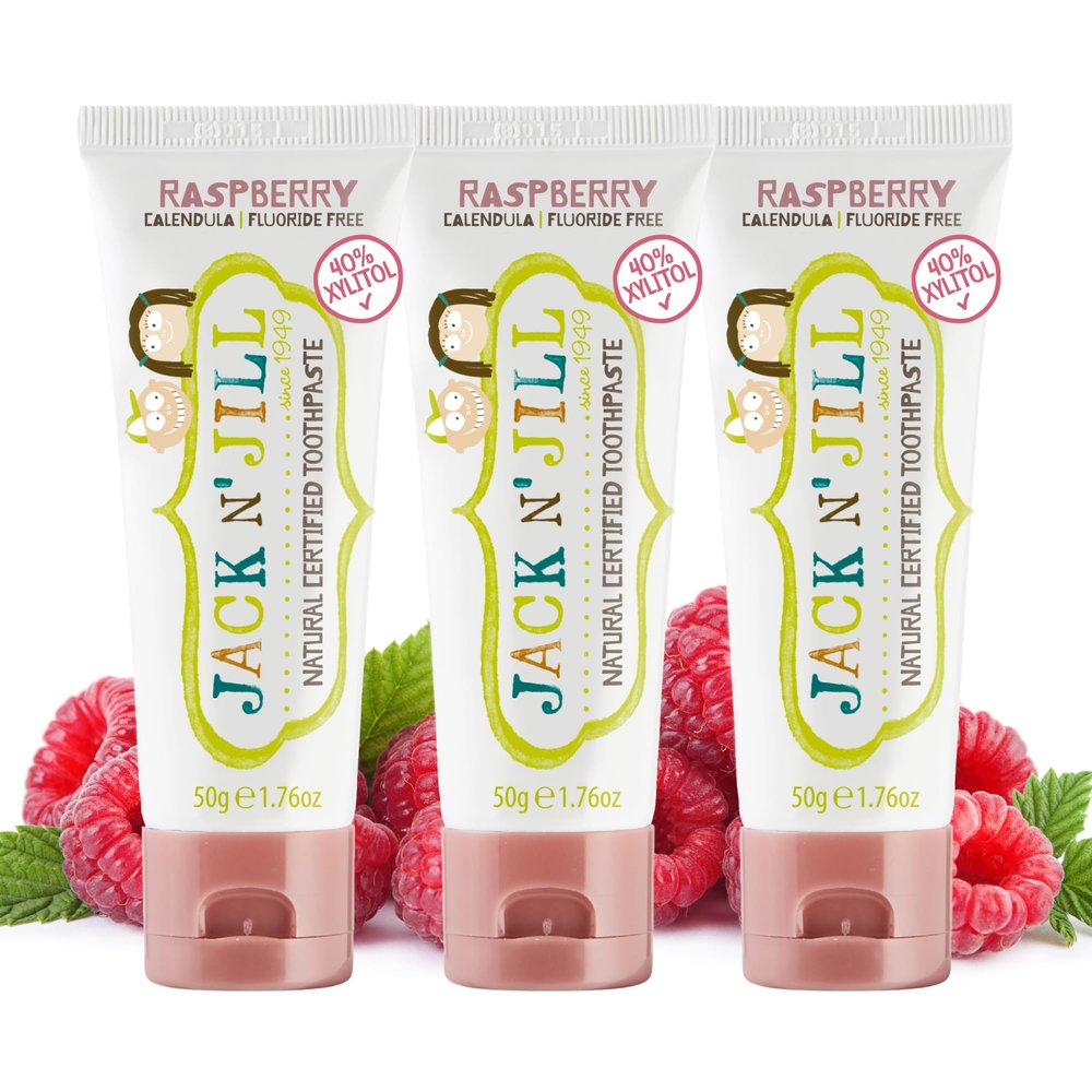 Jack N' Jill Natural Toddler Toothpaste - Fluoride Free Training Toothpaste for Toddlers 1-3, 40% Xylitol, BPA Free - Raspberry, 1.76 oz (Pack of 3)