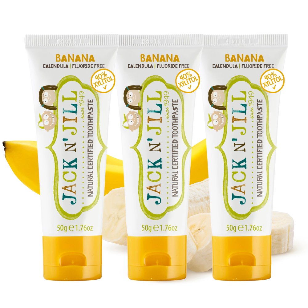 Jack N' Jill Natural Toddler Toothpaste - Fluoride Free Training Toothpaste for Toddlers 1-3, 40% Xylitol, BPA Free - Banana, 1.76 oz (Pack of 3)