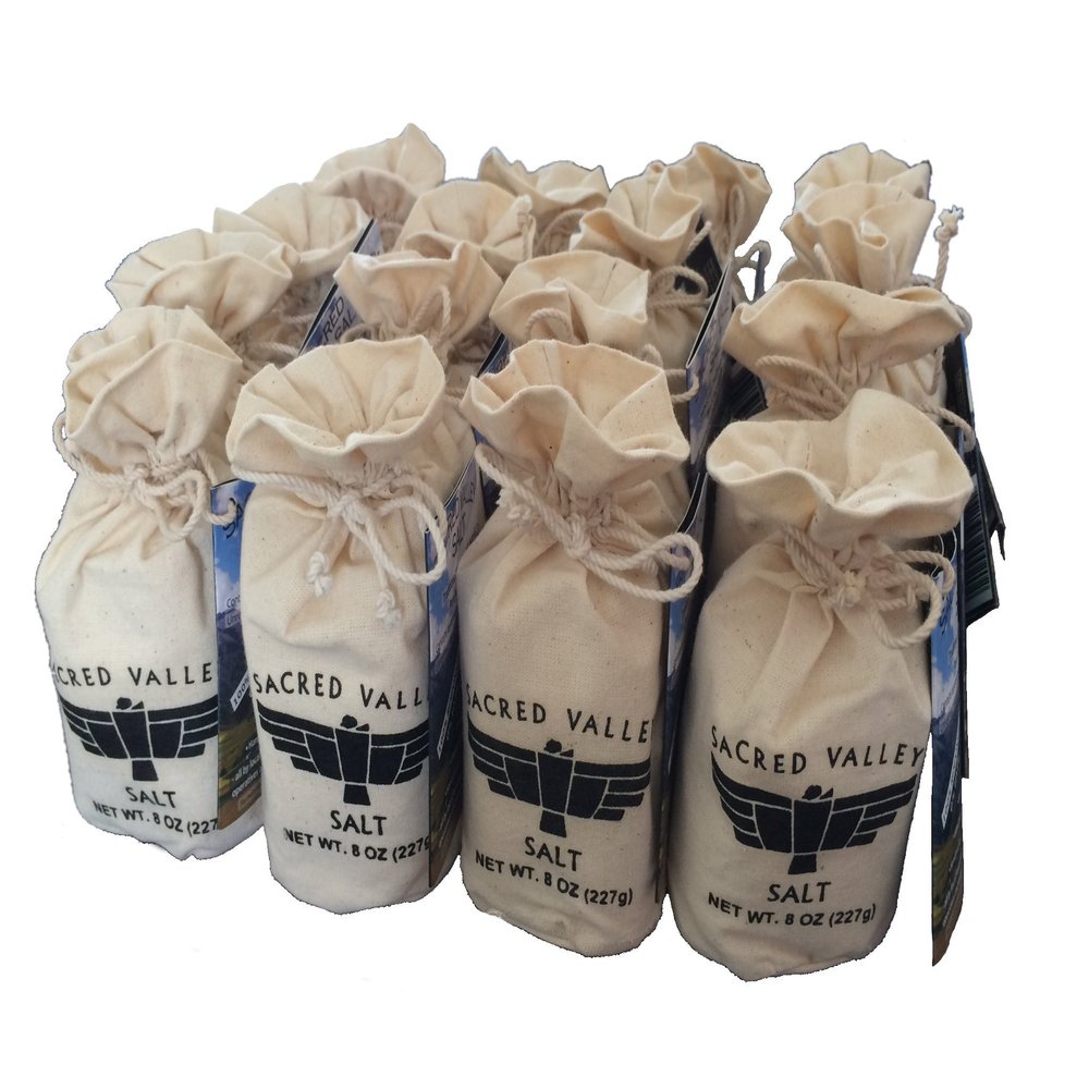 16 Pack - SACRED VALLEY SALT from Maras, Peru - Small Grain Finishing Salt in Handmade Reusable Canvas Pouch - 8 Ounce